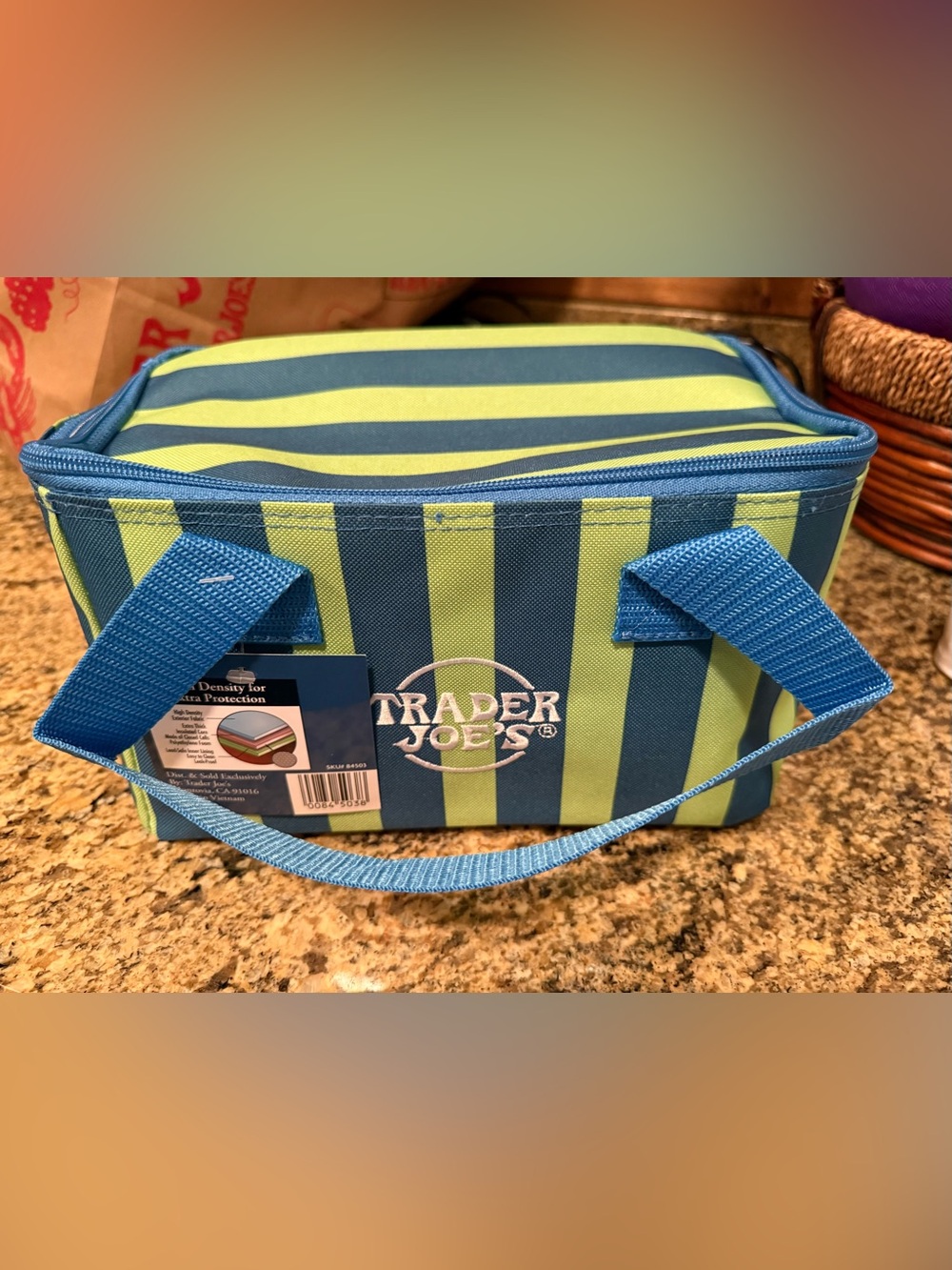 Trader Joe's Blue and Lime Green Striped Insulated Tote